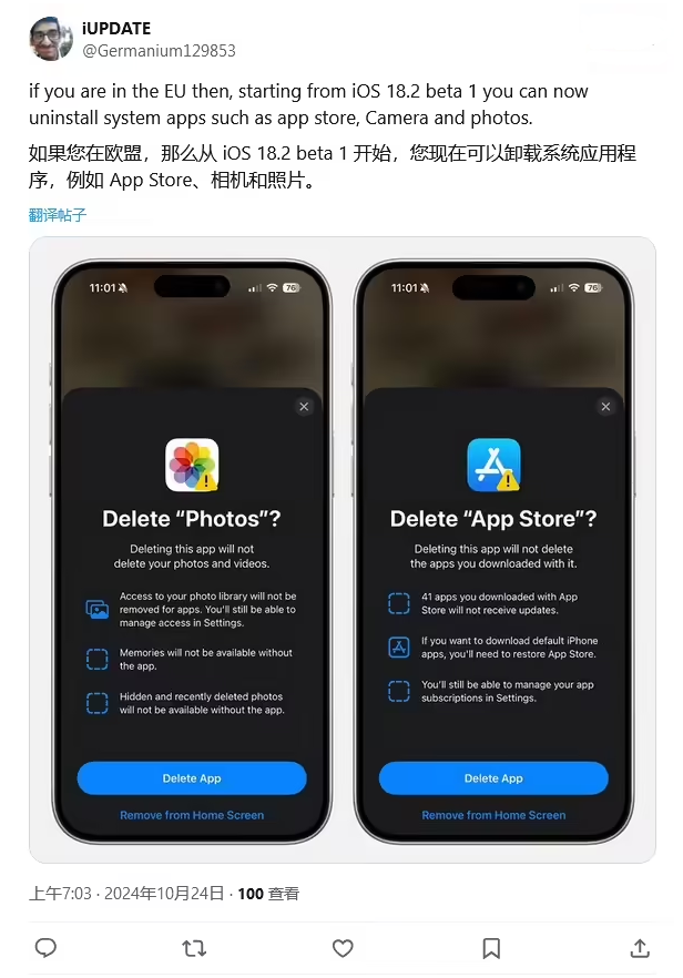 张掖苹果手机维修分享iOS 18.2 支持删除 App Store 应用商店 