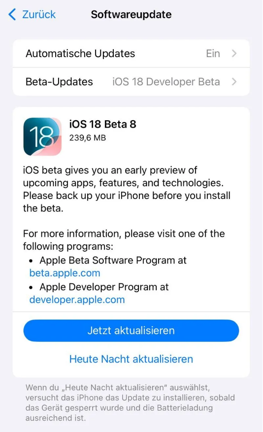 张掖苹果手机维修分享苹果 iOS / iPadOS 18 开发者预览版 Beta 8 发布 